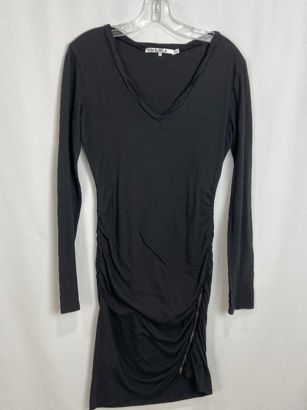 Pam & Gela V- Neck Dress Long Sleeve Rushed Zip Front Black Size M